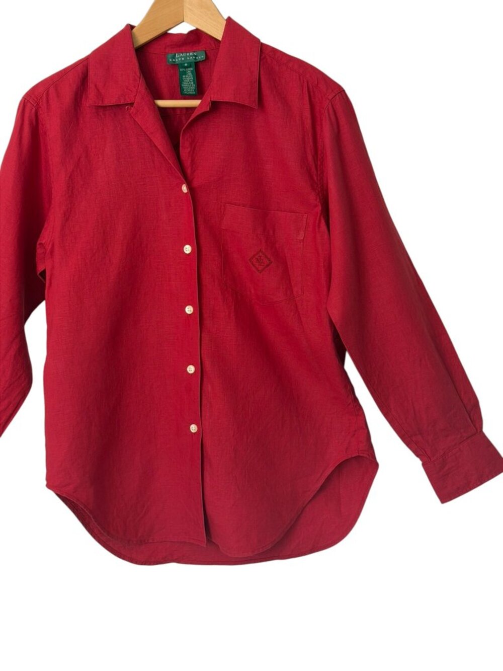 VTG 90s Lauren Ralph Lauren 100% Linen Monogram Loop Collar Roll Sleeve Red 6